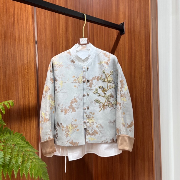 佳.人【竹影霜华】新中式唐装桑蚕丝贵气显瘦圆领外套