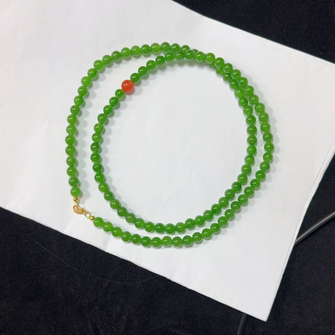 【小雅碧玉】和田玉碧玉项链颈链针尖黑点6mm108大气 冰阳绿色