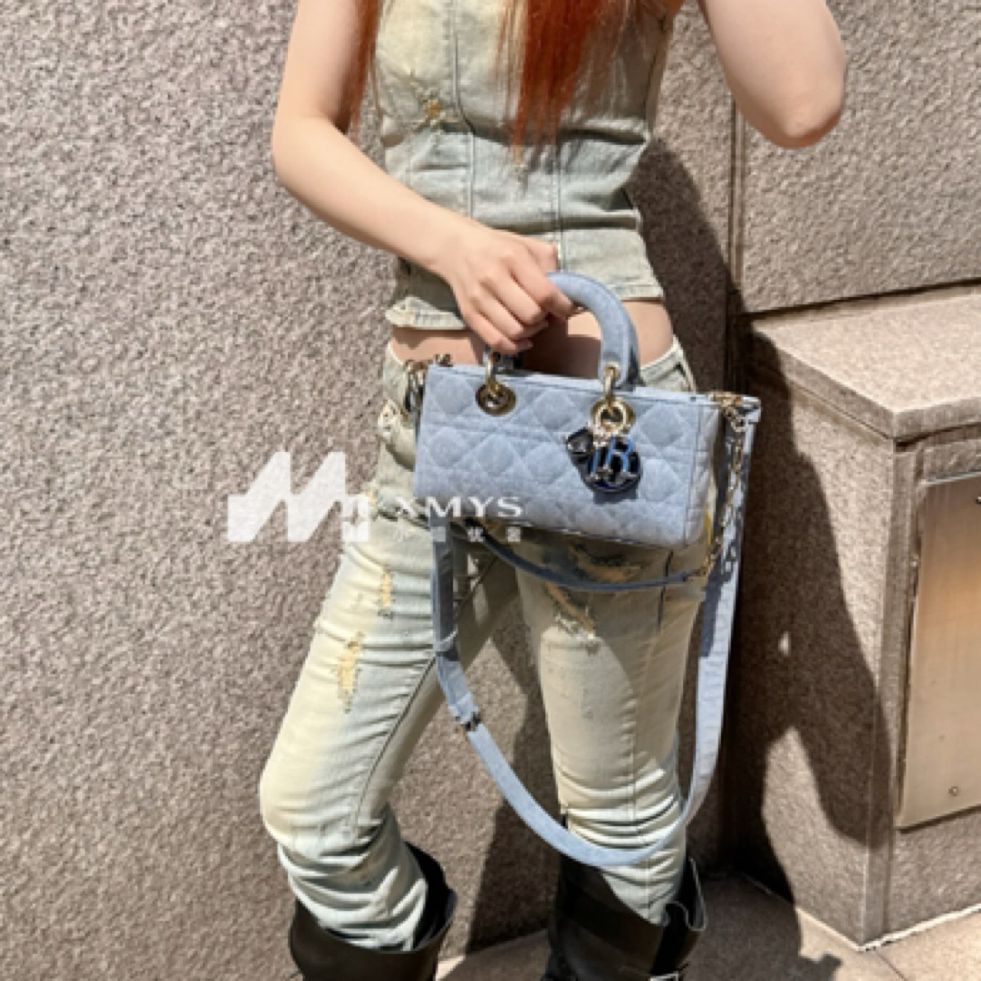 99新 DIOR/迪奥 蓝色牛仔D-joy小号横版戴妃包手提单肩包 23年
