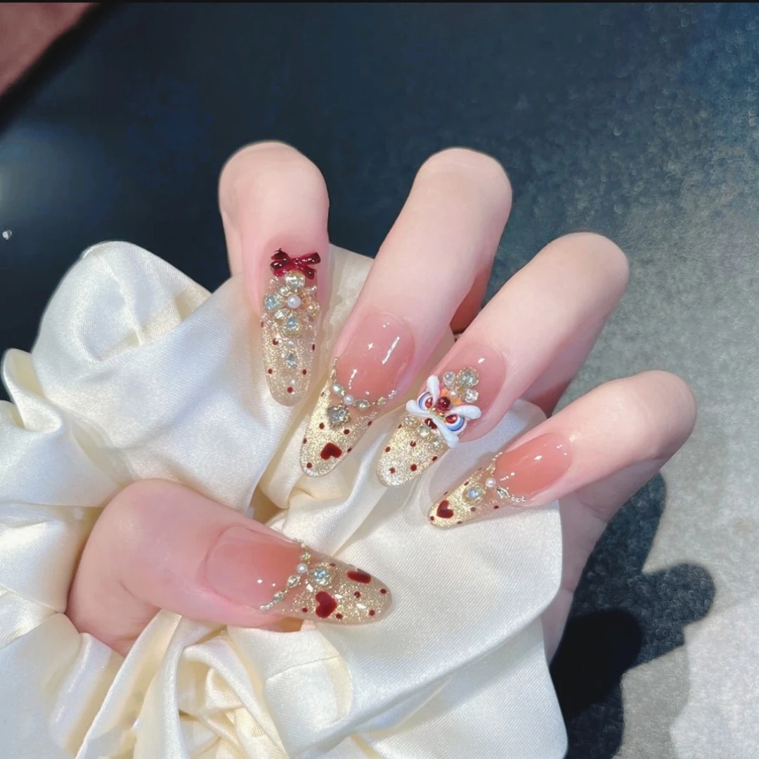 【心悦醒狮】纯手工穿戴甲气质款光疗美甲可拆卸贴片10片装