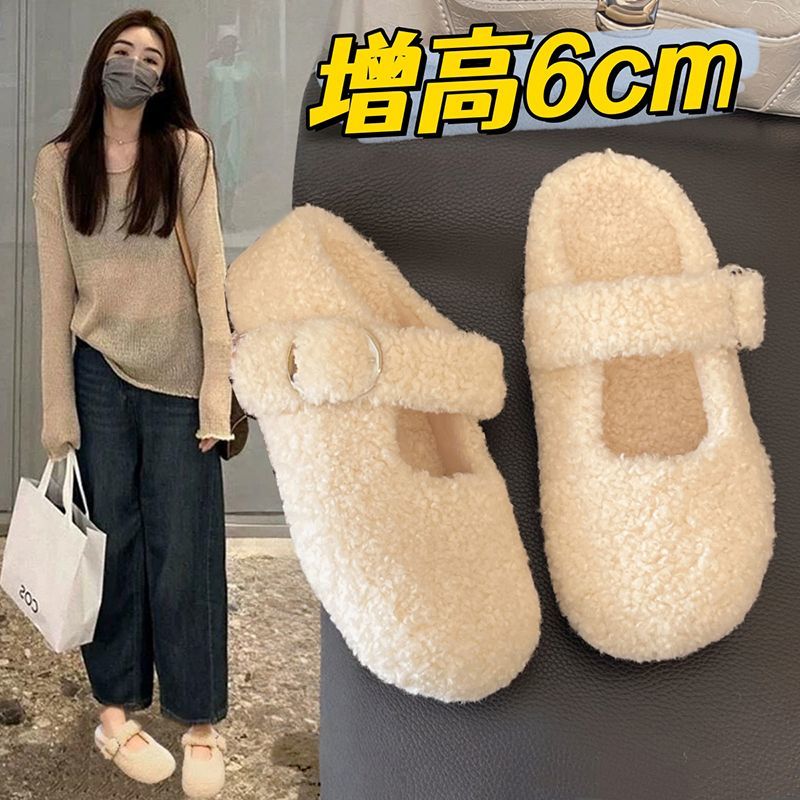 网红同款厚底毛毛鞋女2025秋冬新款小个子百搭显瘦半拖包头棉拖鞋