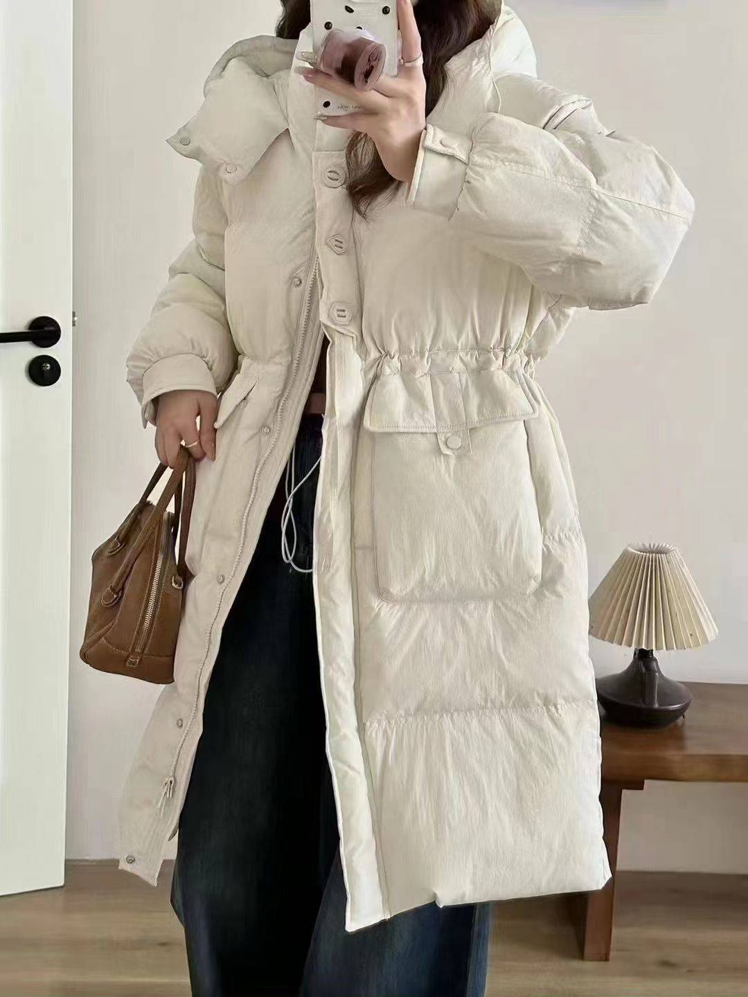 【KTT】中长款羽绒服女收腰显瘦加厚过膝连帽白鸭绒外套2025冬新款