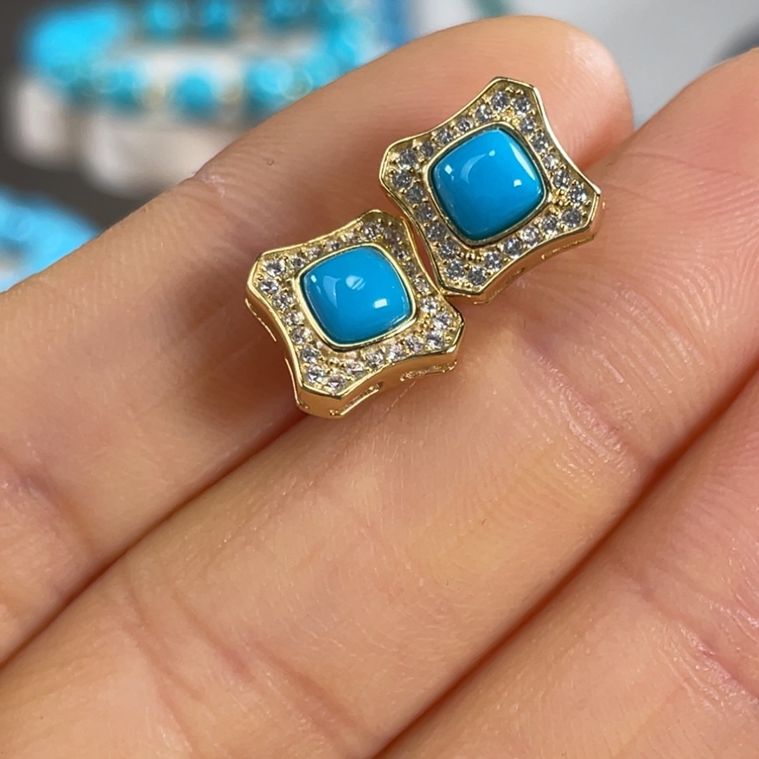 绿松石银S925镀金镶嵌套链精美耳钉