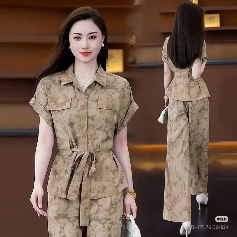 设计感时尚拼接短袖阔腿裤女士夏季套装显瘦减龄洋气