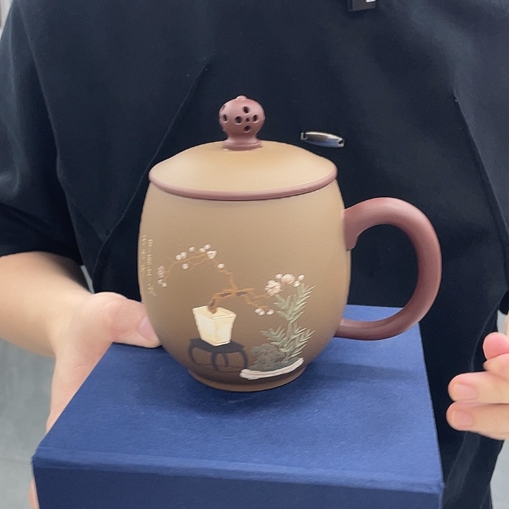 茶杯紫砂粉浆彩绘清供图盖杯