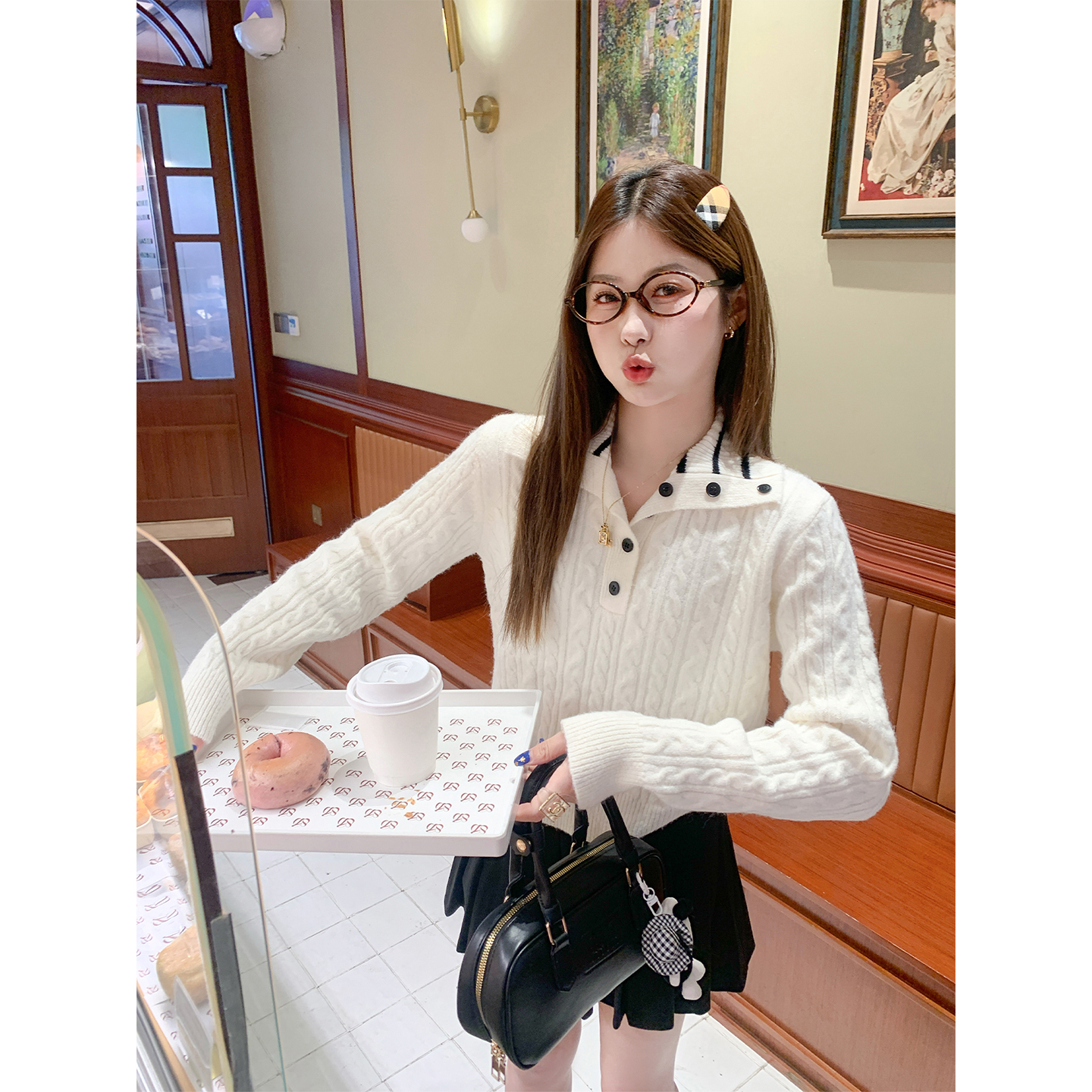 曾小咸 韩系学院风翻领条纹设计套头毛衣新款ZA54MZH1742