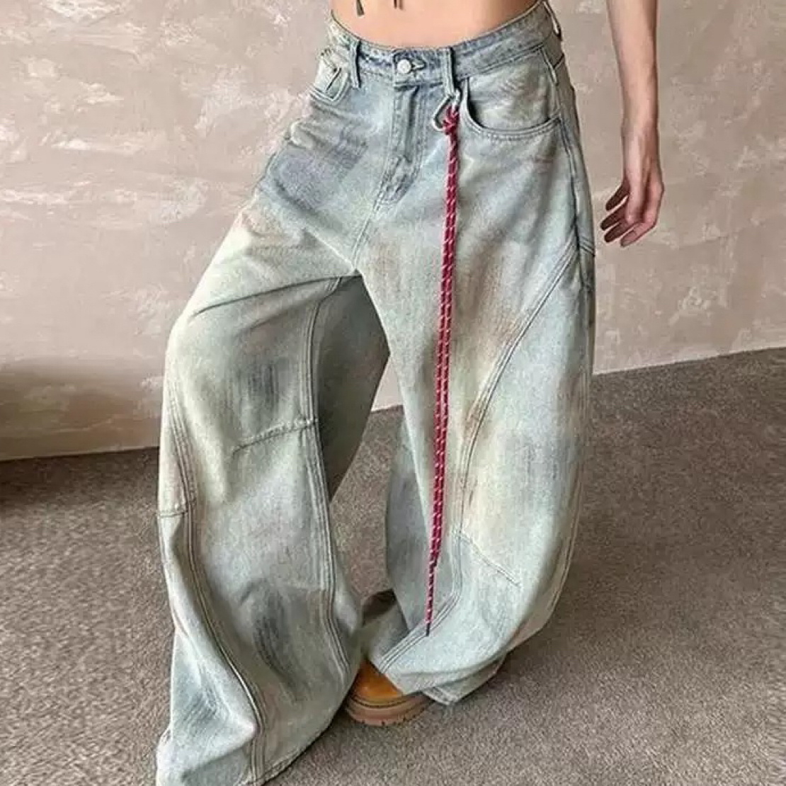 三号链接401-600号美式脏染做旧弯刀阔腿牛仔裤女宽松拖地长裤