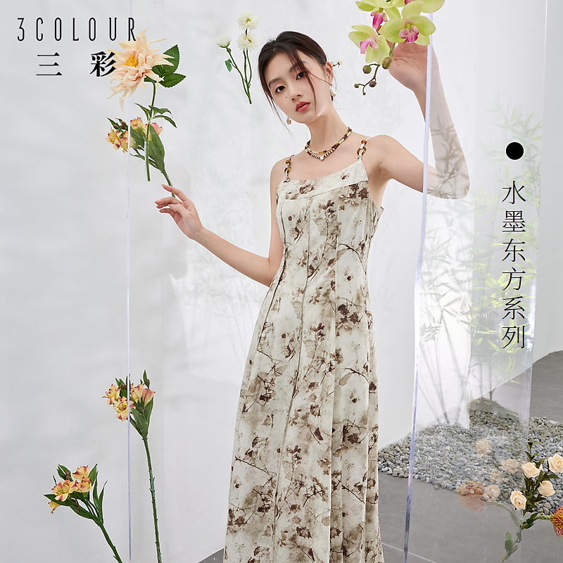 【品牌福利】三彩【浮萍拈香】2024夏季新款新中式印花吊带裙dbq