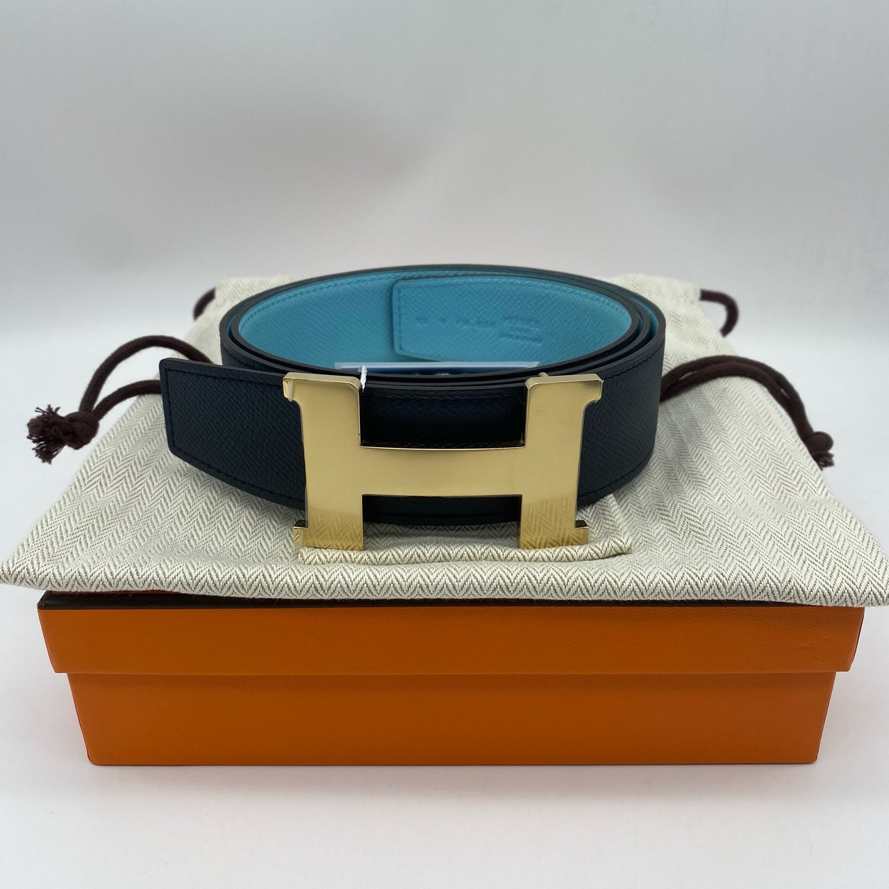 99新 Hermes/爱马仕 90码金扣双面深蓝色拼绿皮带11572526