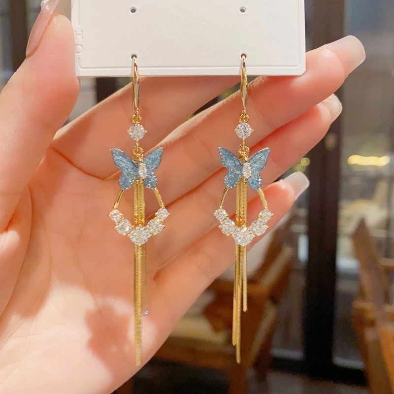 铜合金合成锆石耳饰 耳环蝴蝶甜美长款个性超仙百搭时尚轻奢气质
