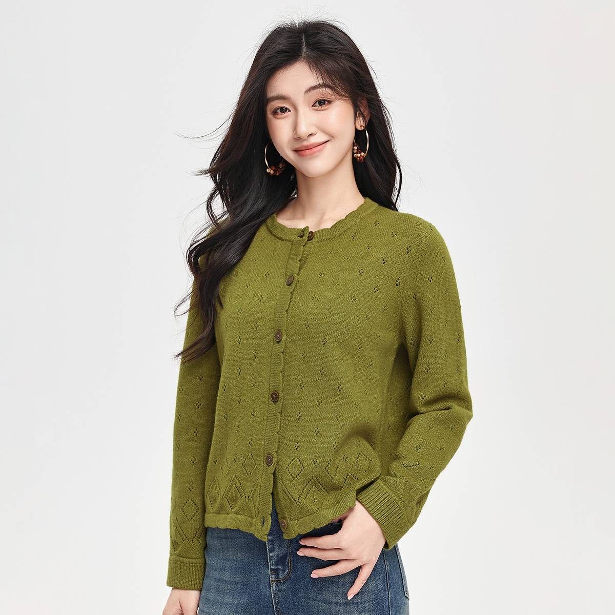 【年终狂欢购】茵曼26春季复古镂空针织开衫田园慵懒宽松毛衣外套女