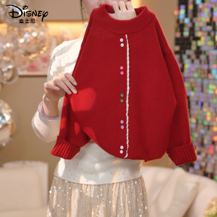 Disney/迪士尼红色毛衣冬季2025新款儿童洋气新年小女孩冬打底衫