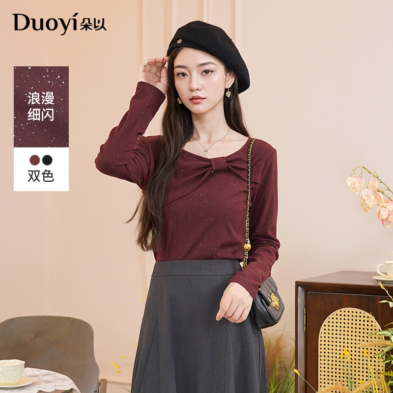 朵以2025秋季新款气质细闪镂空蝴蝶结圆领长袖针织衫40VQ337012