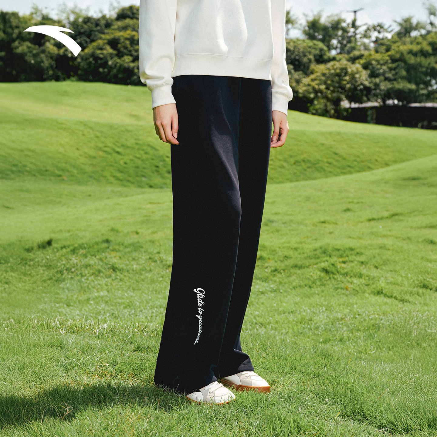 安踏复古针织运动长裤女子秋冬流光风高腰宽松加绒保暖休闲卫裤子