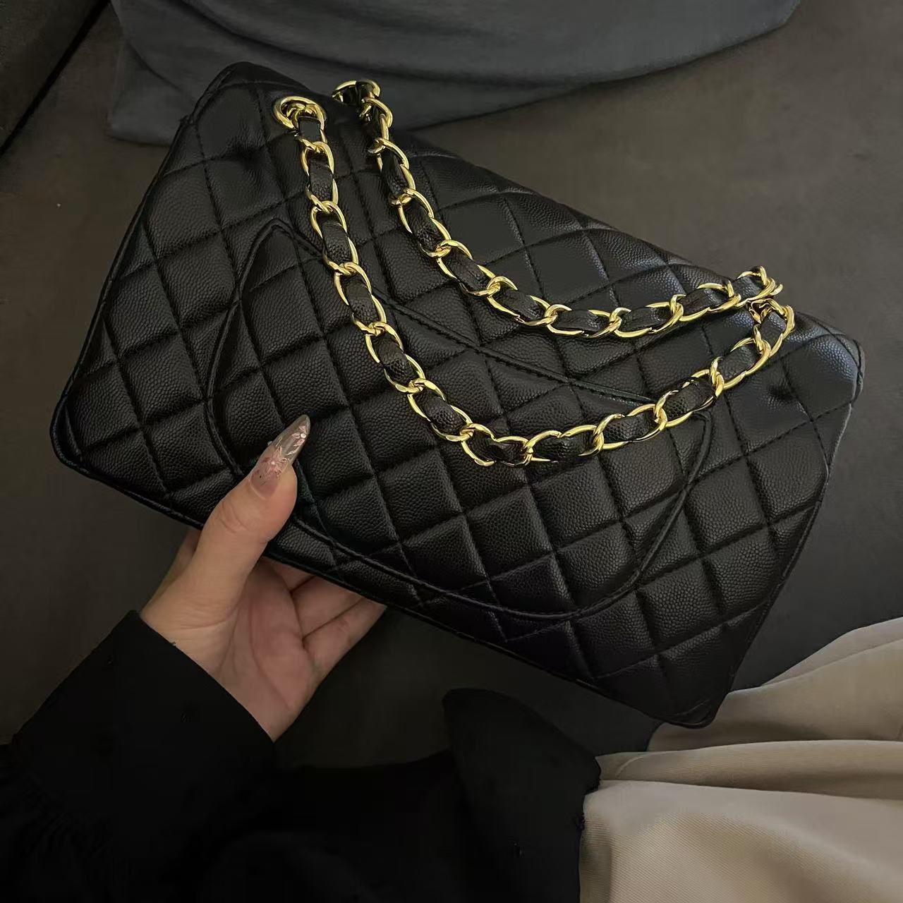 CF鱼子酱 菱格单肩斜跨手拎腋下包经典小香风