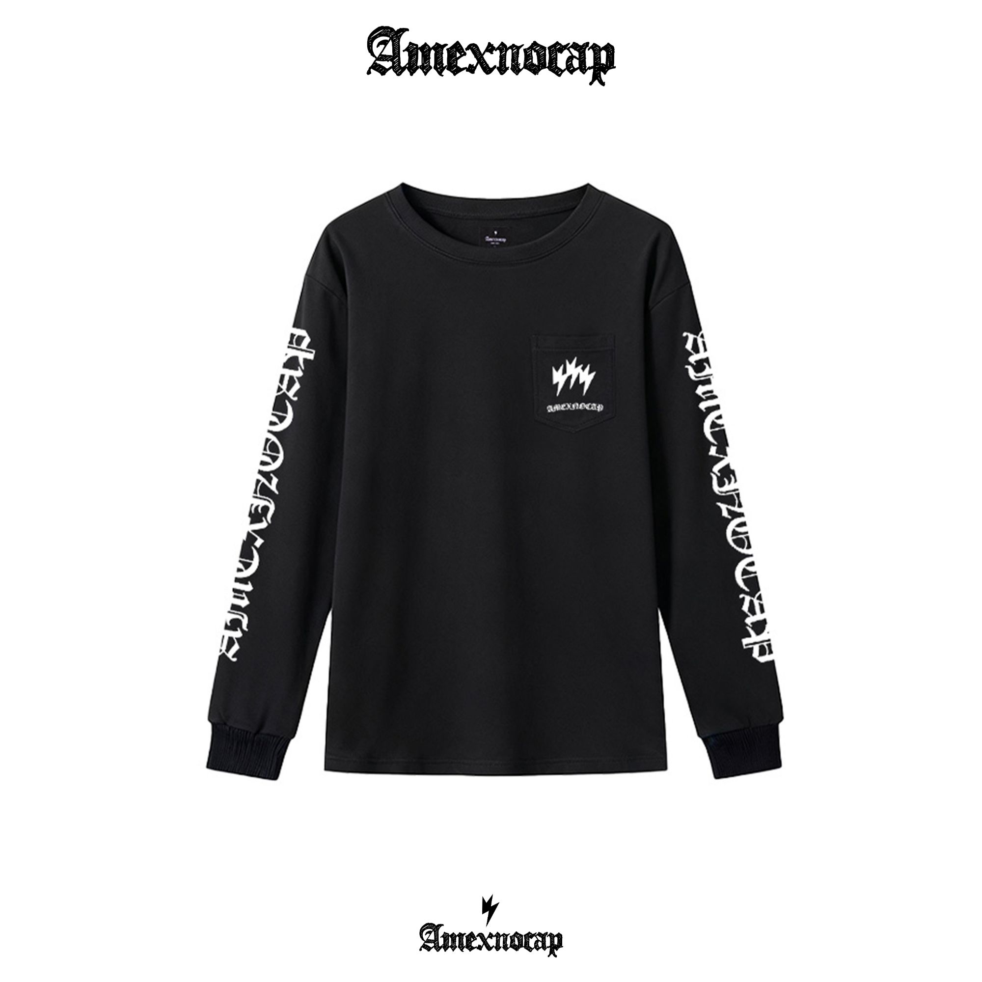 Amexnocap闪电牛2025FW哥特字母圆领长袖轻奢高级男女同款