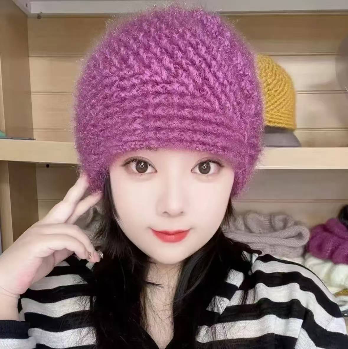 针织帽时尚包头帽套头帽女休闲风极简风加厚帽子网红牡丹纯手工