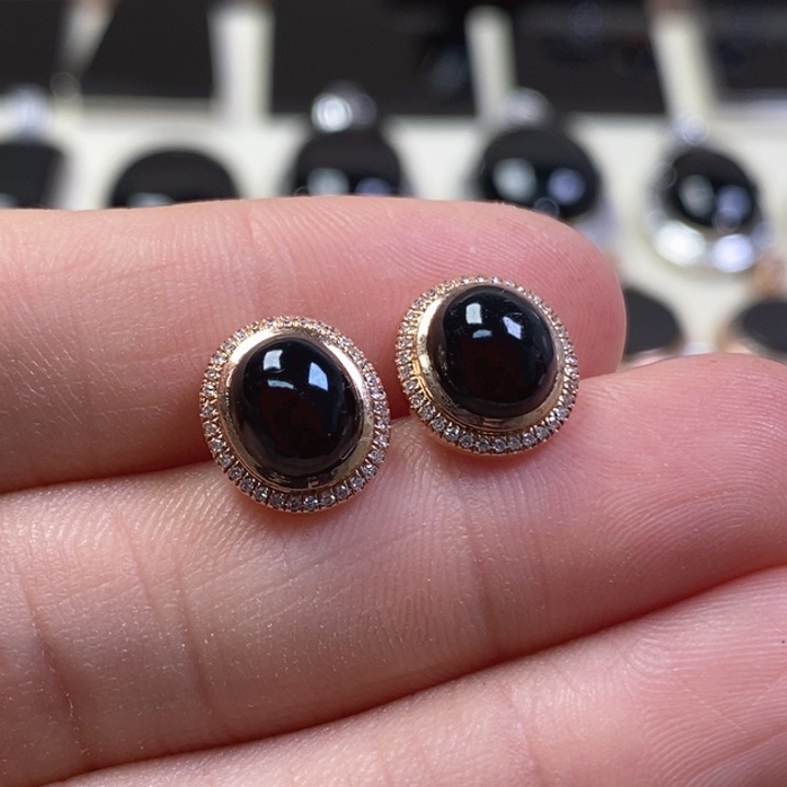 翡翠耳饰18K金镶嵌缅甸天然翡翠墨翠