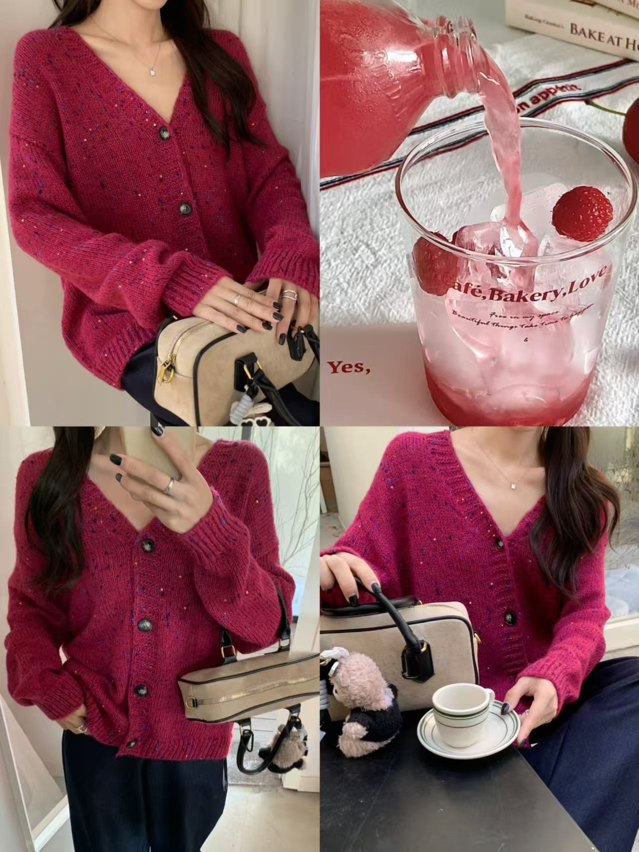 针织V领长袖秋季开衫款毛针织衫显瘦红色ins开衫毛衣6901