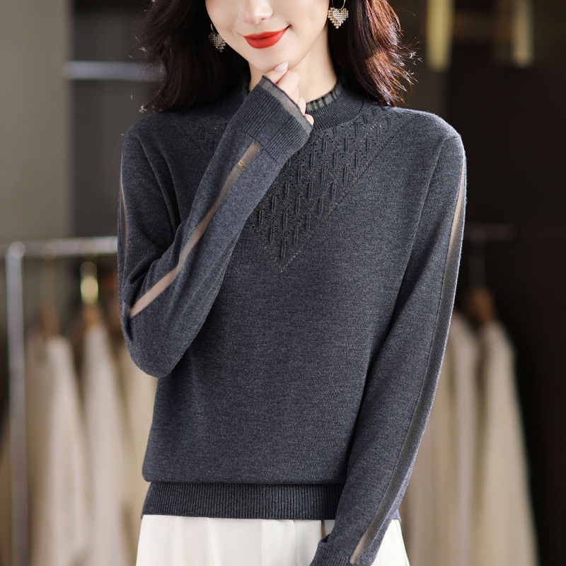 蕾丝打底衫女春秋大码薄款毛衣宽松遮肚子显瘦百搭长袖针织衫上衣