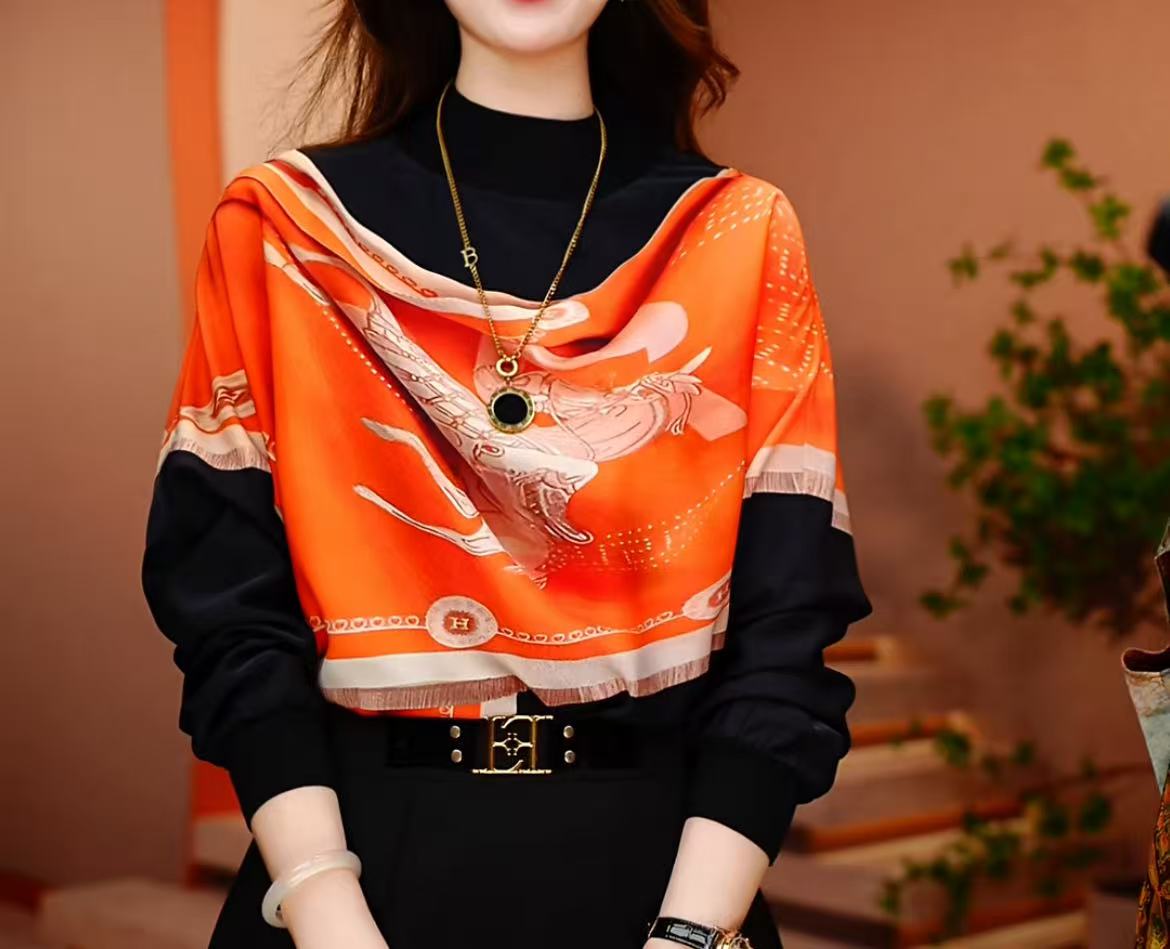 爱玛艺术-高端长袖时尚上衣女显瘦显白百搭印花圆领减龄