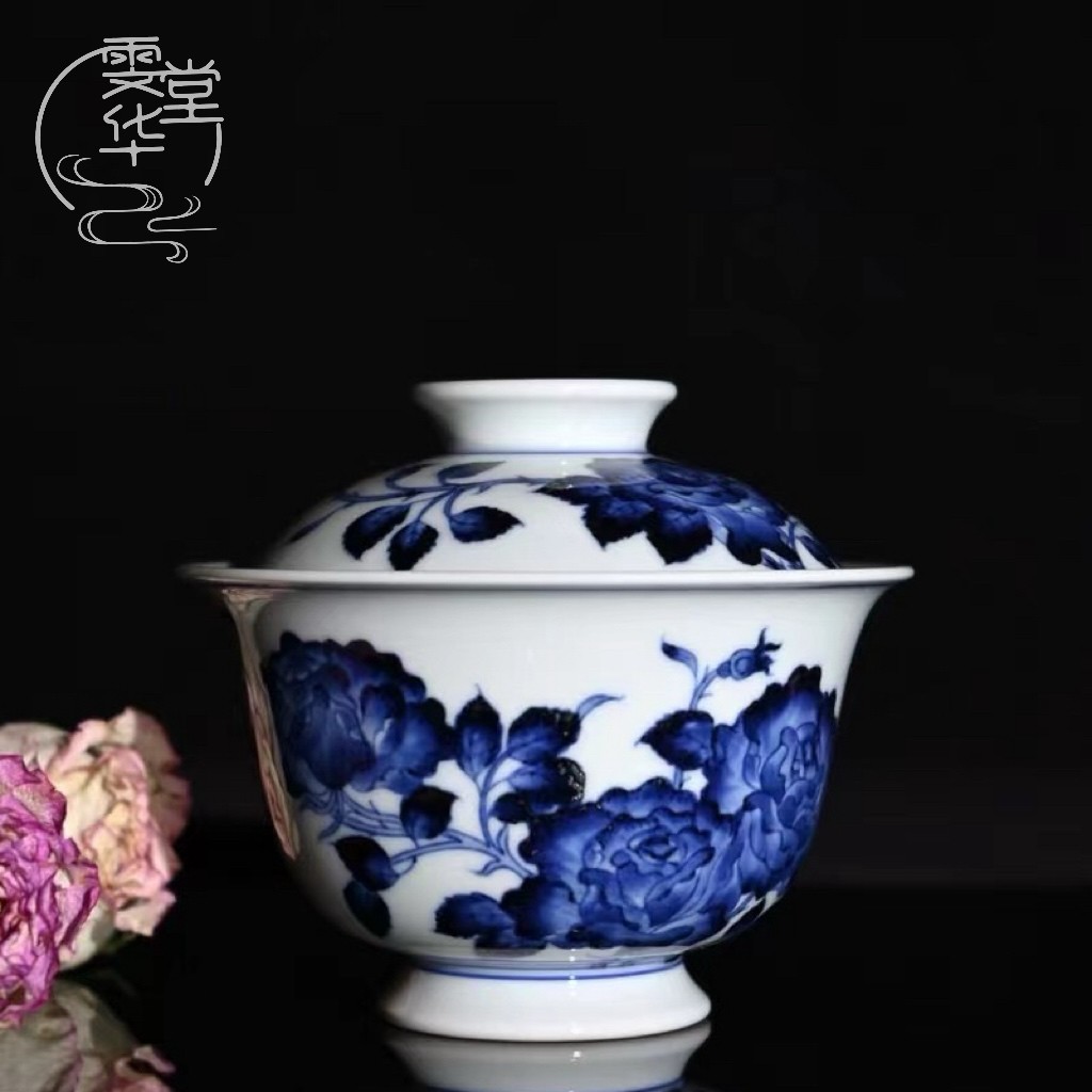雯华堂|仿明青花 景德镇手工手绘玫瑰盖碗主人杯盖碗壶承