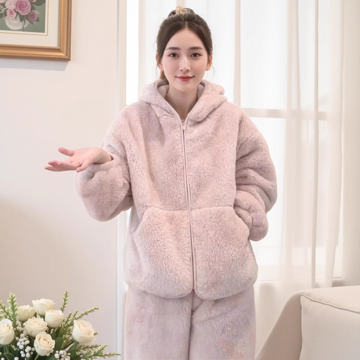 冬天厚家居服套装连帽插兜加绒加厚宽松居家服两件套女2024新款潮