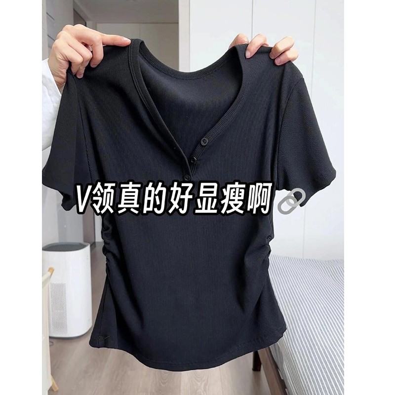 黑色不规则v领正肩短袖t恤女夏季显瘦短款抽绳上衣