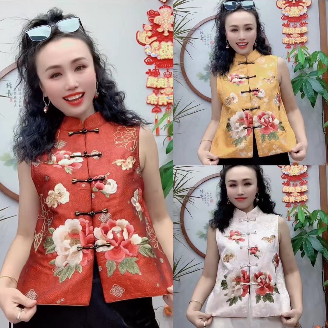 （衣长58）民族风马甲女中式刺绣复古立领开衫外套上衣马夹6189