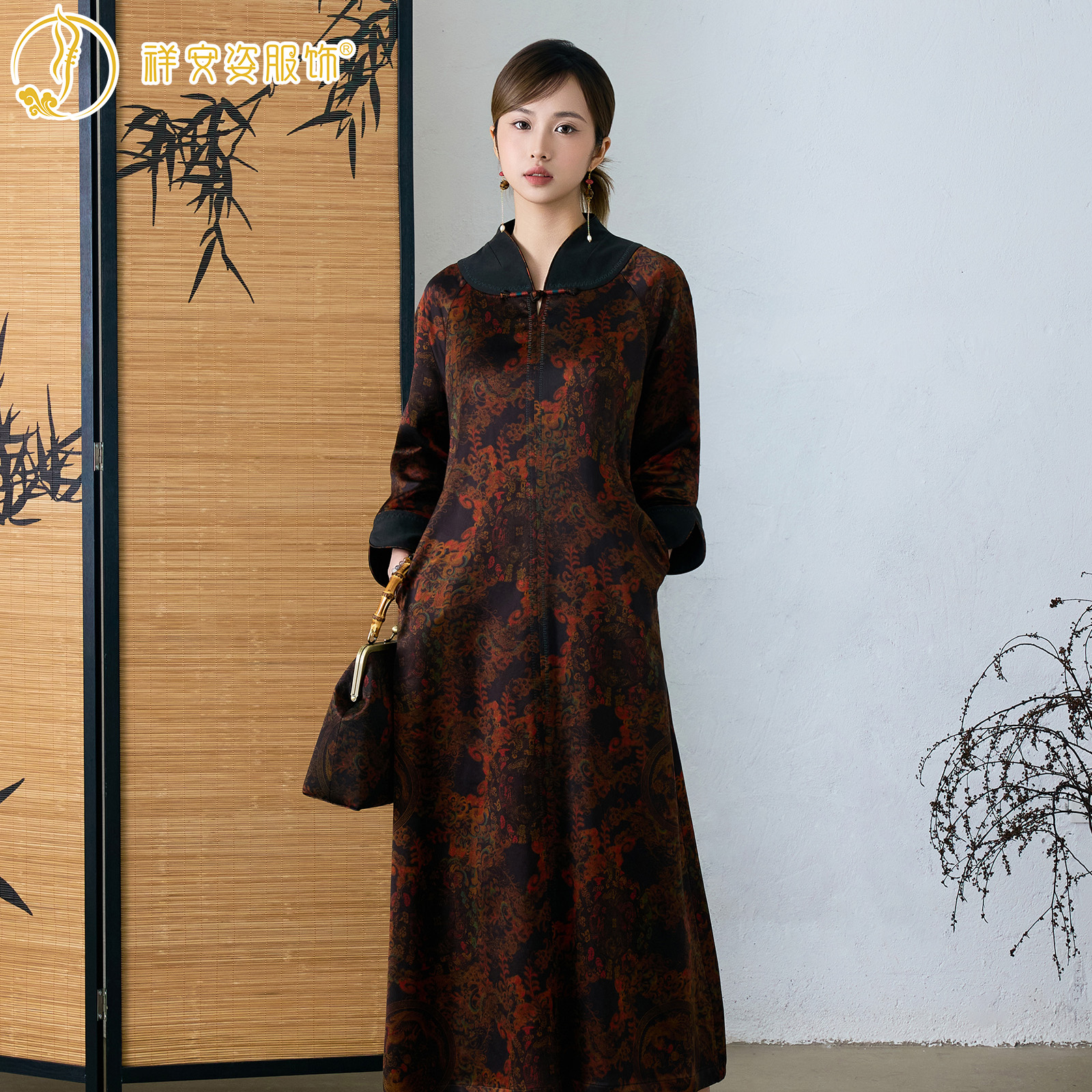 [龙凤呈祥]香云纱元宝领马蹄袖重磅国风秋冬优雅ins连衣裙C357128