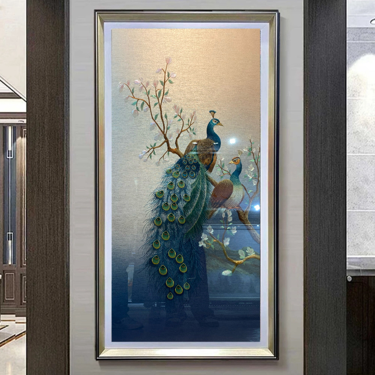 新中式孔雀刺绣玄关客厅走廊高档寓意好装饰画挂画