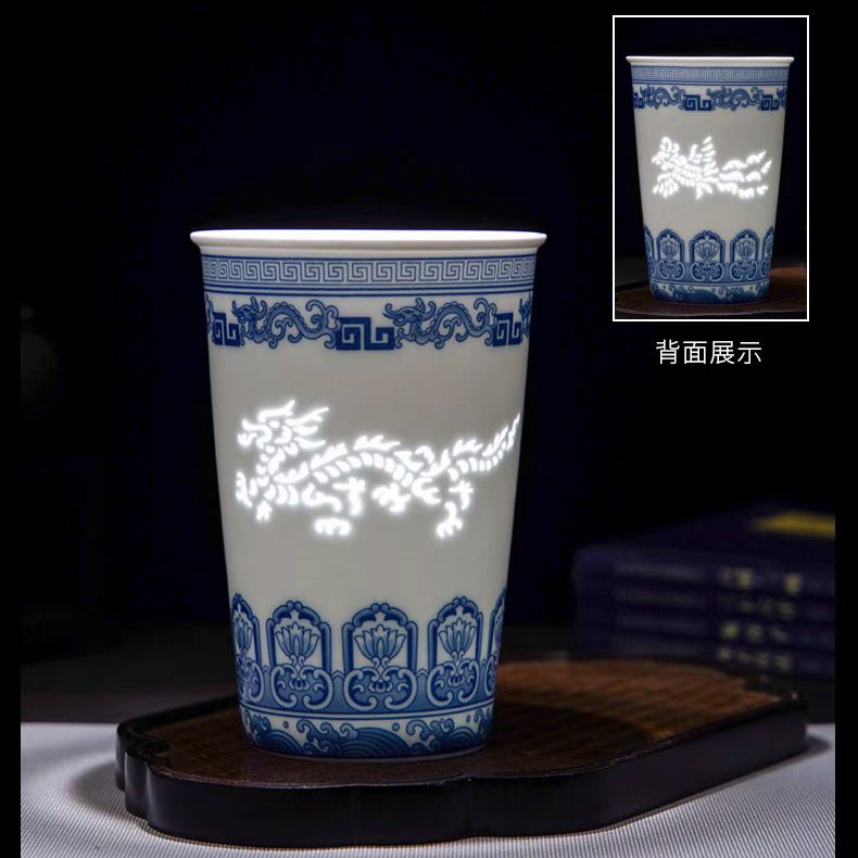 景德镇青花瓷玲珑陶瓷可乐杯办公茶杯玲珑镂空茶杯家用水杯
