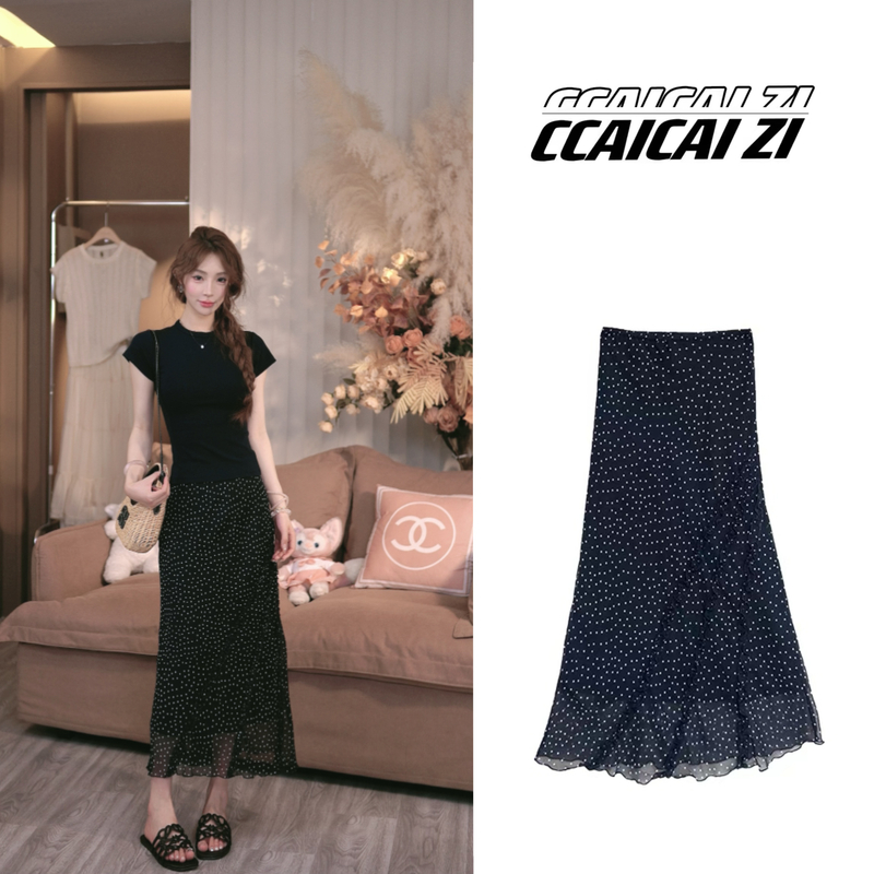 No退No换 CCA 305【海底月】夏季气质显高显瘦收紧腰波点半身裙