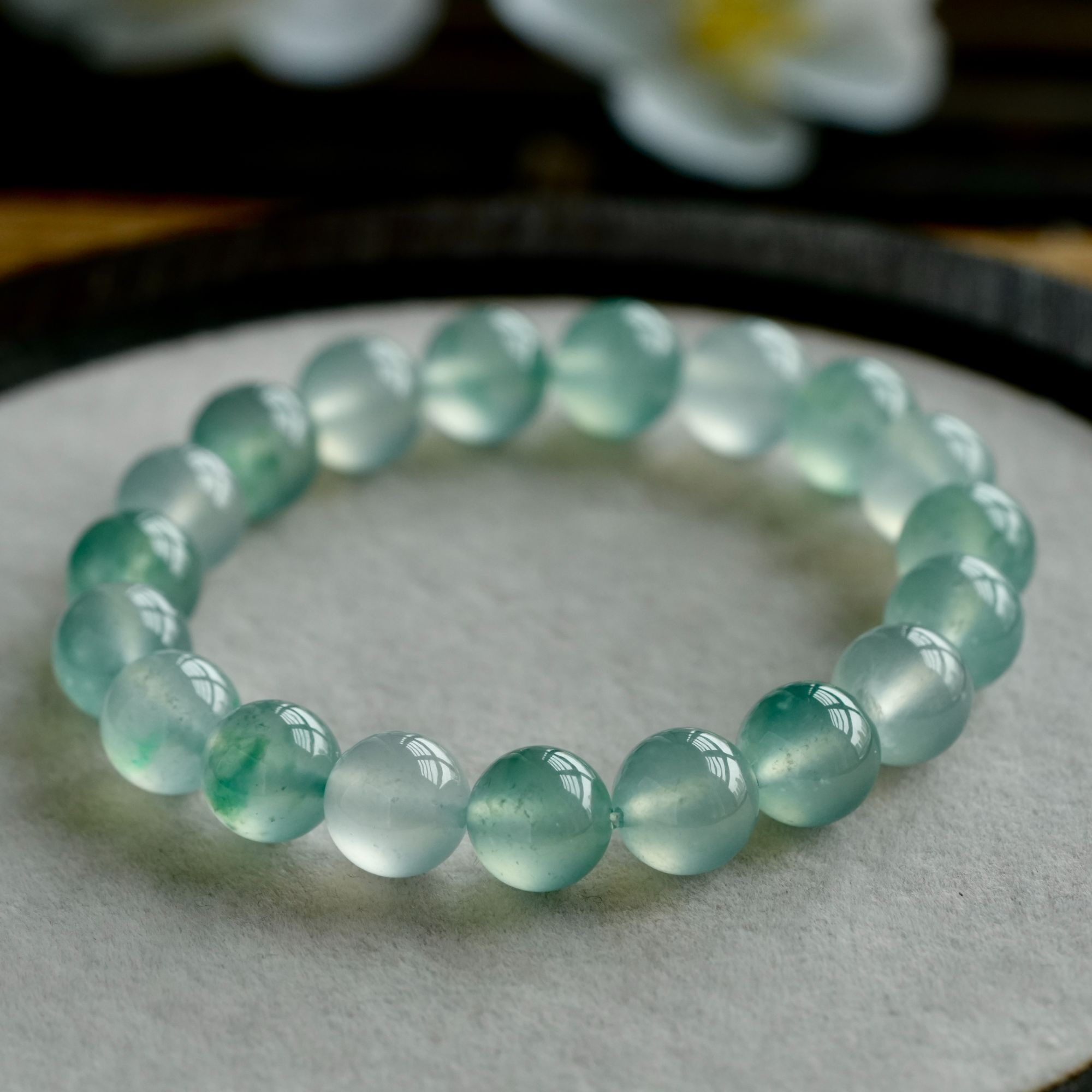 F636高冰飘花翡翠手串翡翠珠珠缅甸天然A货时尚绿色渐变单圈