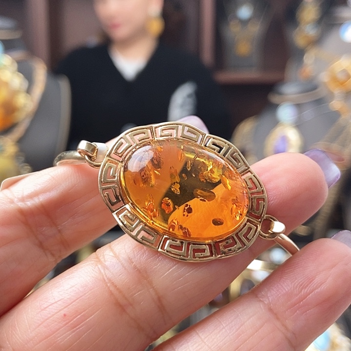 琥珀手镯银S925镶嵌手镯