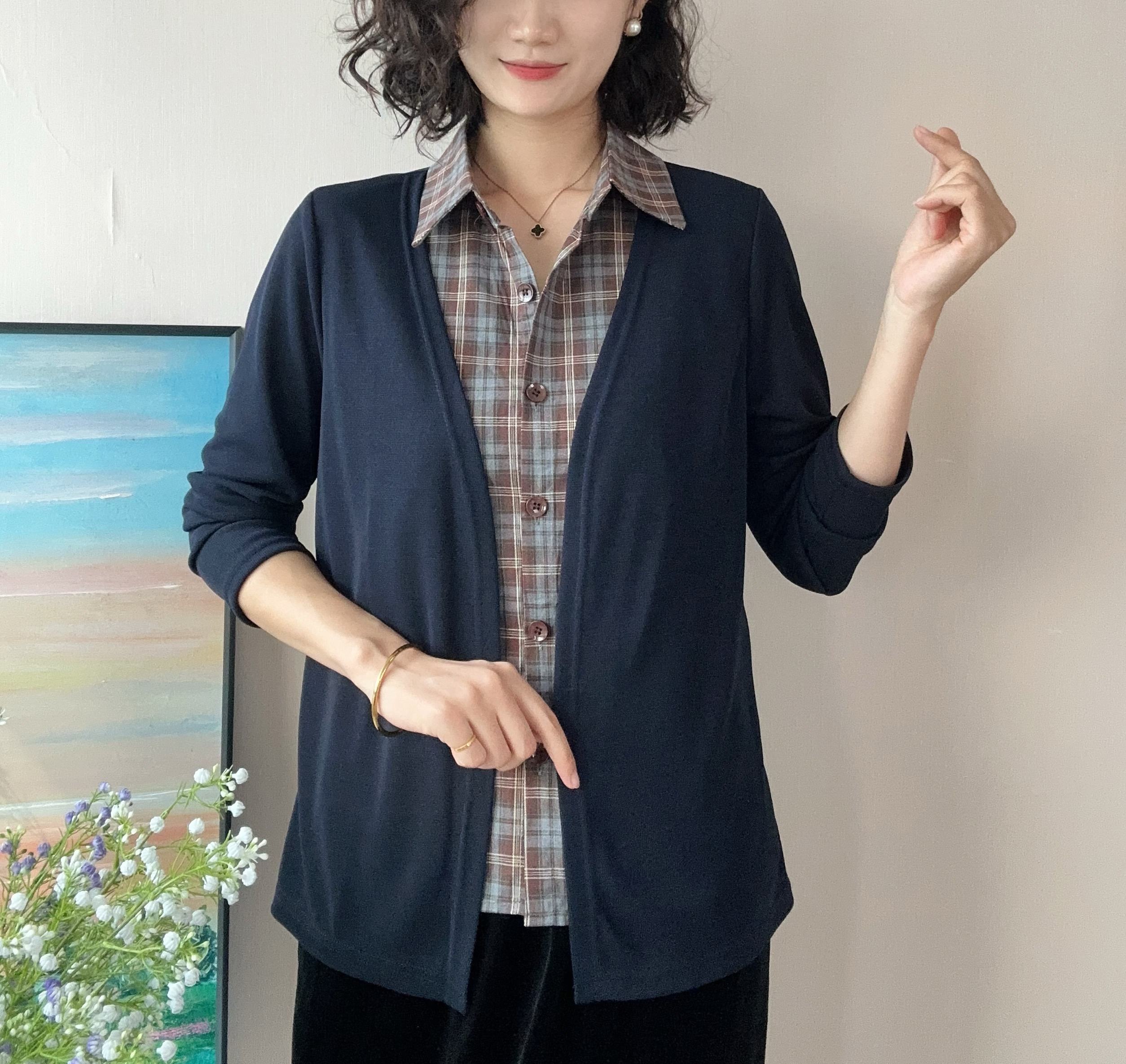 秋季新款衬衫领假两件气质百搭妈妈装上衣