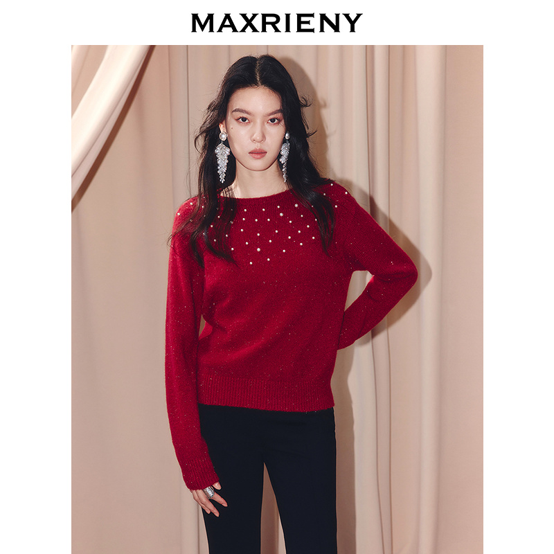 MAXRIENY安可拉红套头毛针织衫女25冬款慵懒感穿搭宽松毛衫上衣