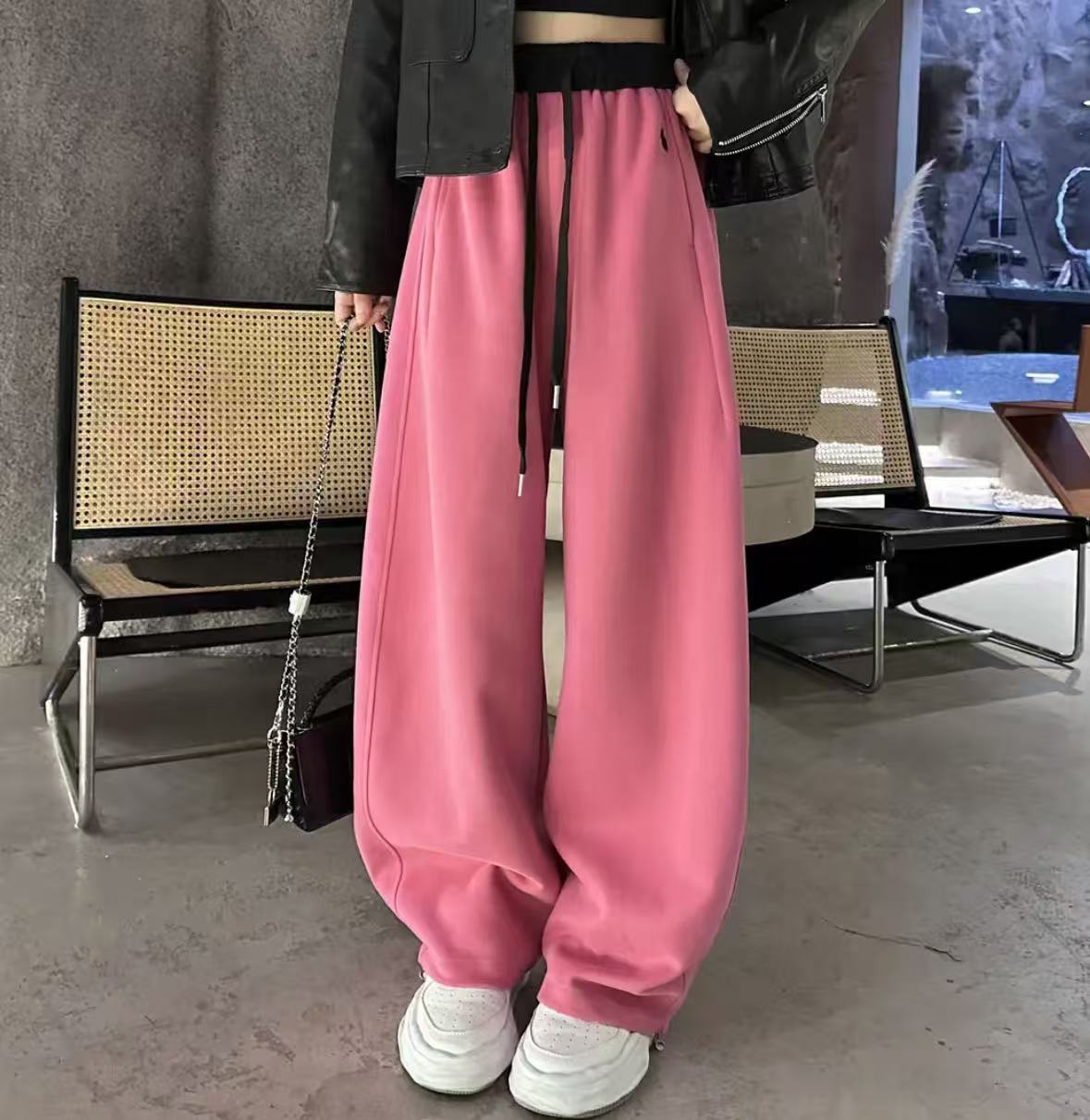 刺绣拼色高腰束脚两穿阔腿卫裤女一裤两穿拖地裤