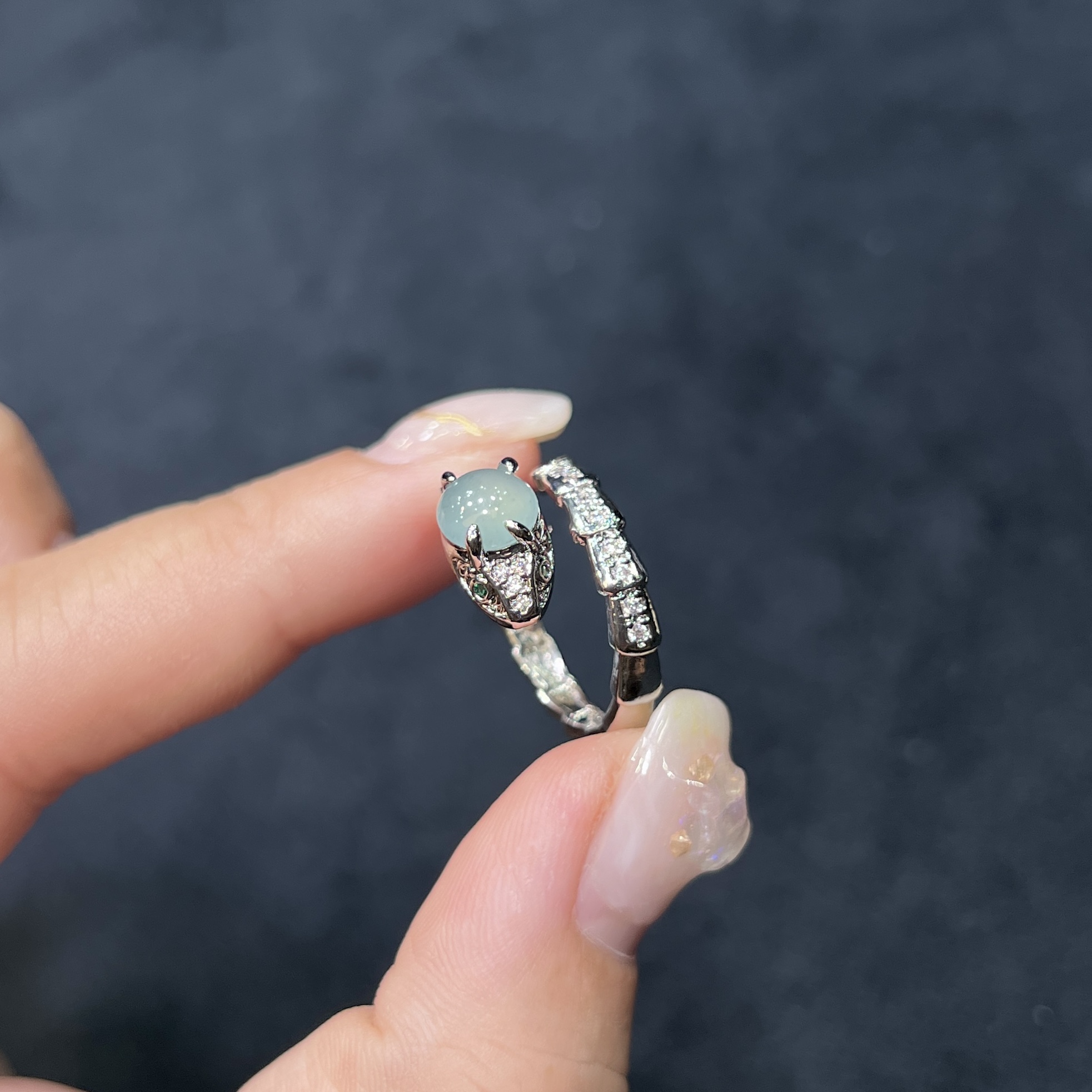 【红旭玉麟】天然翡翠A货蓝水蛋面蛇形戒指开口戒 多样性发一件