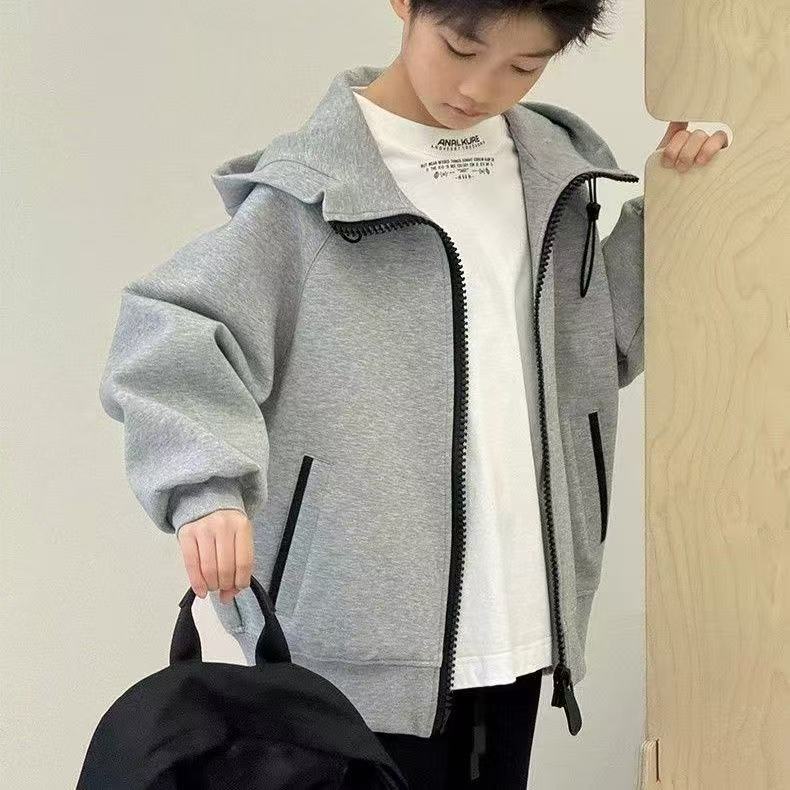 儿童开衫外套男童韩版纯色连帽2025秋季新款中大童休闲潮流百搭