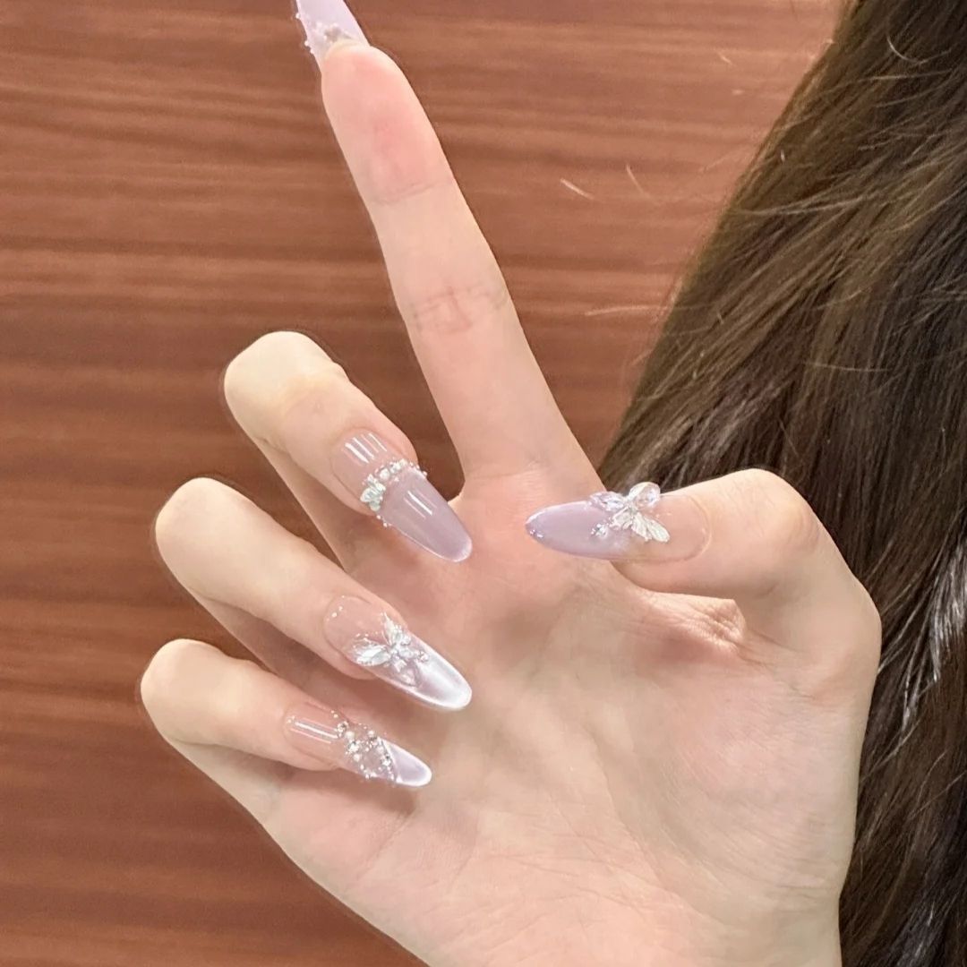 纯手工穿戴仙气淡紫猫眼美甲珍珠蝴蝶高级氛围感显白假指甲贴片