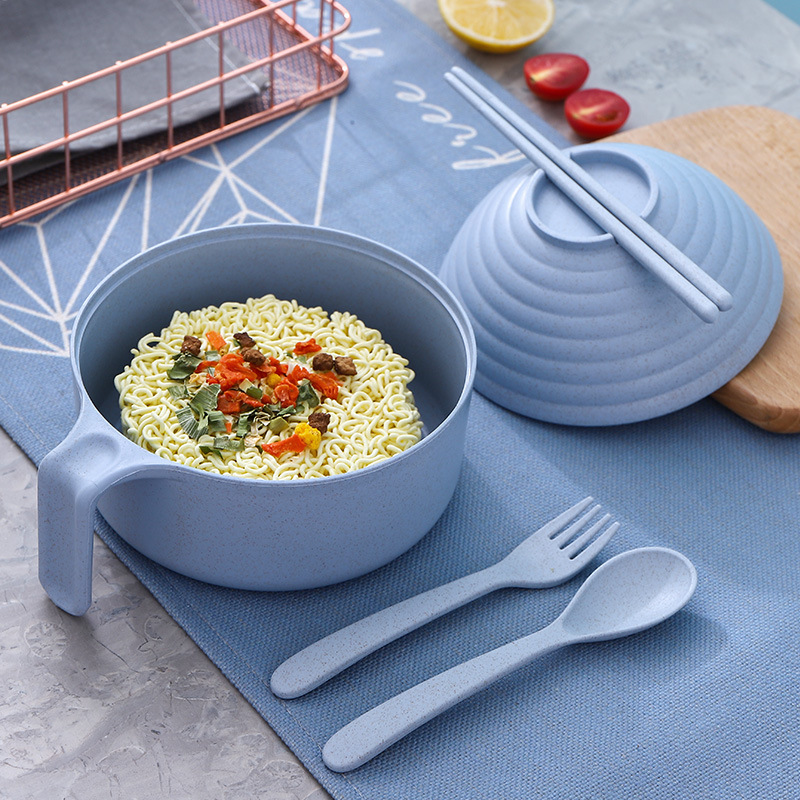 小麦秸秆叉勺筷泡面碗家用学生宿舍圆形带盖大容量饭碗