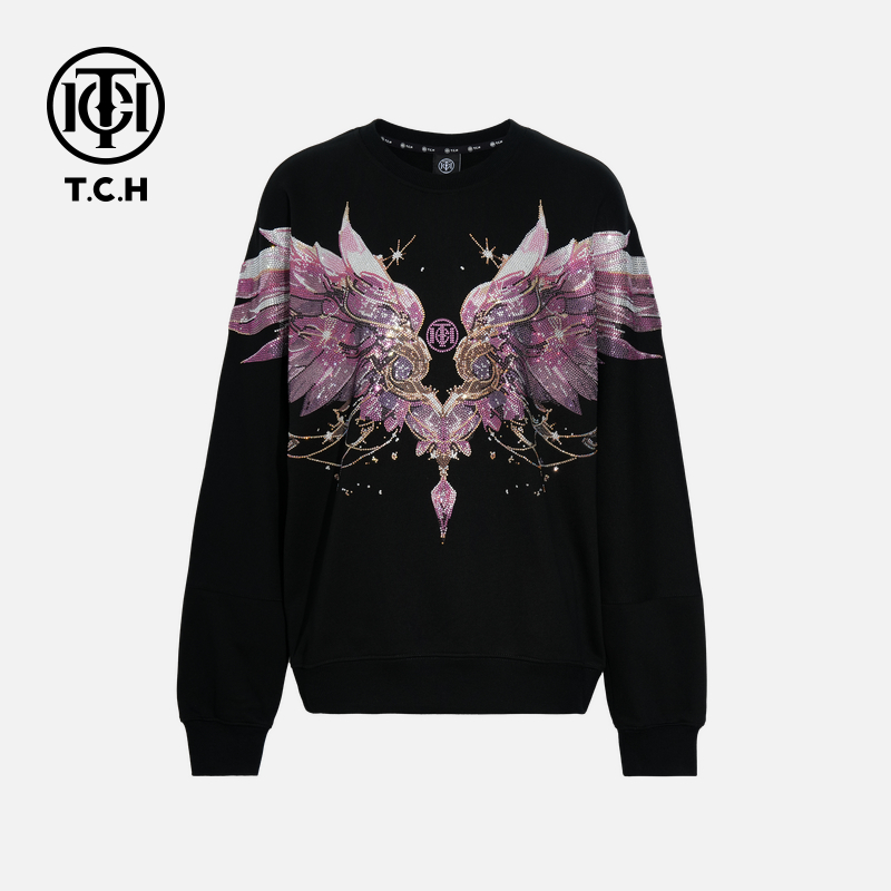 TCH轻奢秋季网红感烫钻时尚淑女长袖圆领衫T75C11E9010私服tch