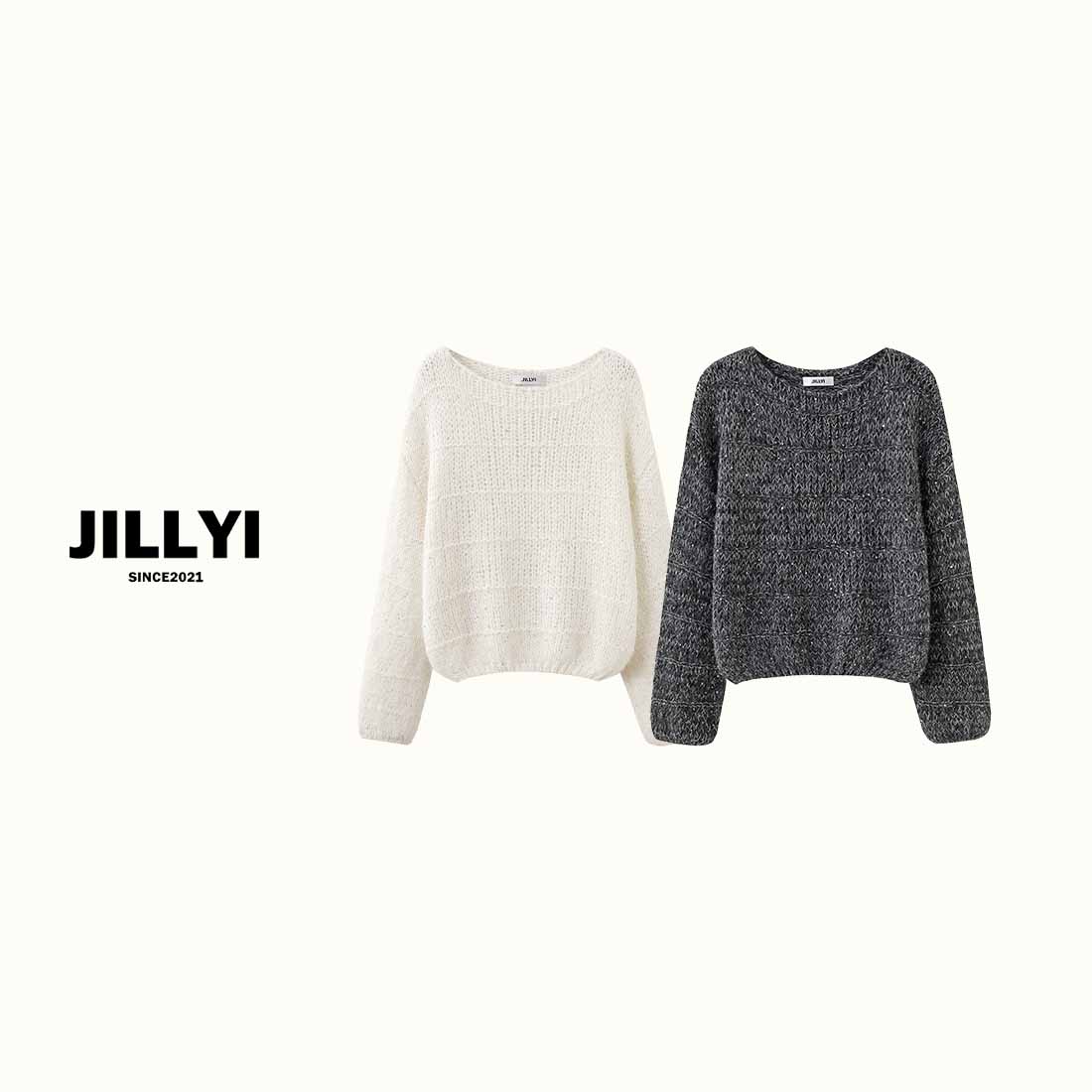 JILLYI南山店【巴黎之秋】灰白双色圆领亮片工艺时尚百搭针织衫