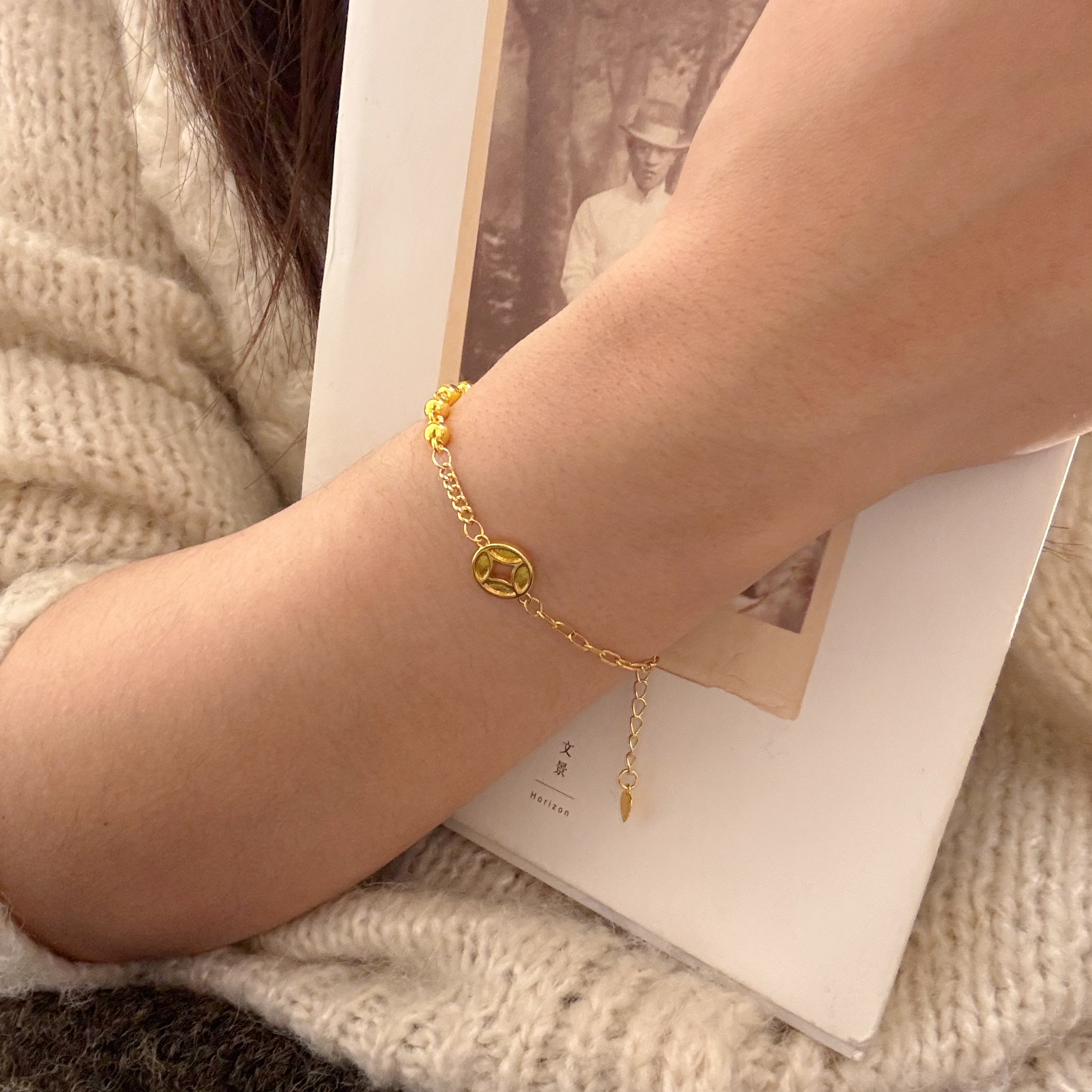 铜合金手链 钱币圆珠手链 时尚简约饰品