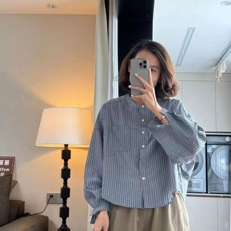 春夏新款设计感衬衣休闲百搭圆领前短后长显瘦显高长袖衬衫小众