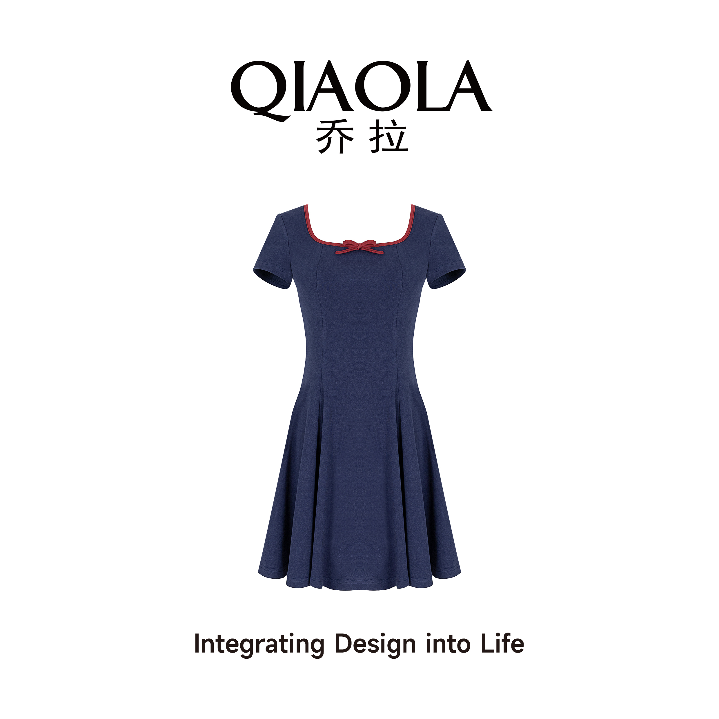 QIAOLA/乔拉【伯爵蓝莓】夏季弹力针织方领蝴蝶结轻奢A版连衣裙预售