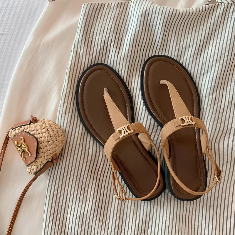 【茵茵家】复古T字带度假风百搭金属扣夹脚罗马人字凉拖鞋女夏外穿