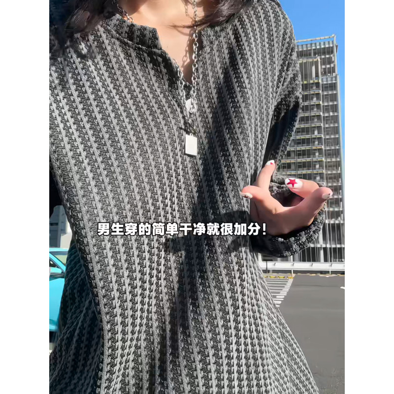 muxiaofei/慕小菲小香风鱼骨纹V领男女秋季慵懒风潮牌打底衫长袖
