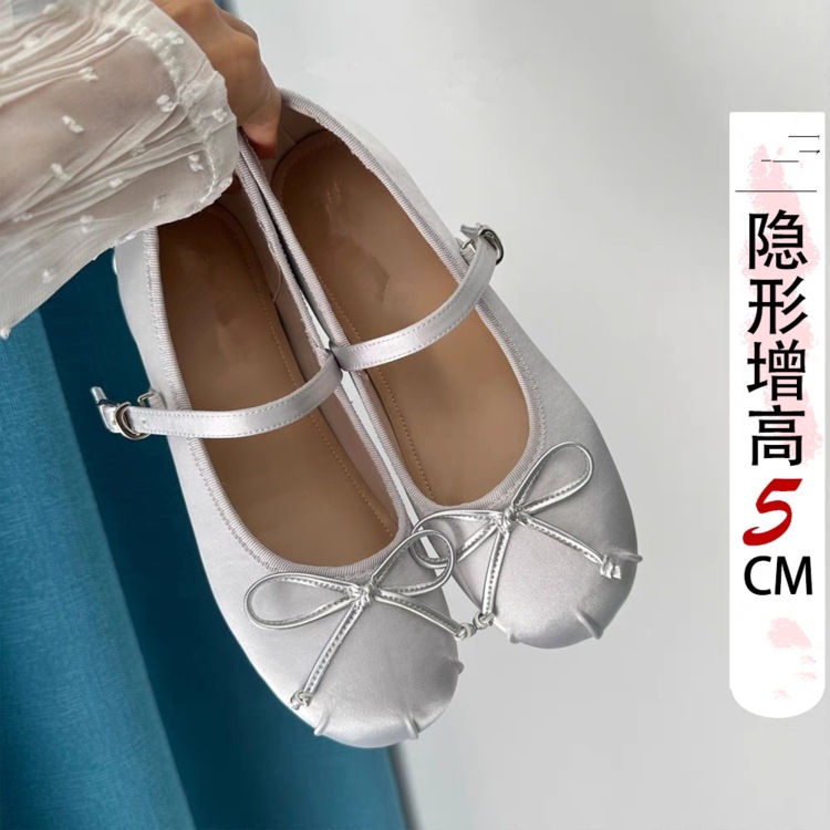 韩版小个子隐形增高芭蕾舞鞋女2025新款蝴蝶结浅口绸缎外穿单鞋女